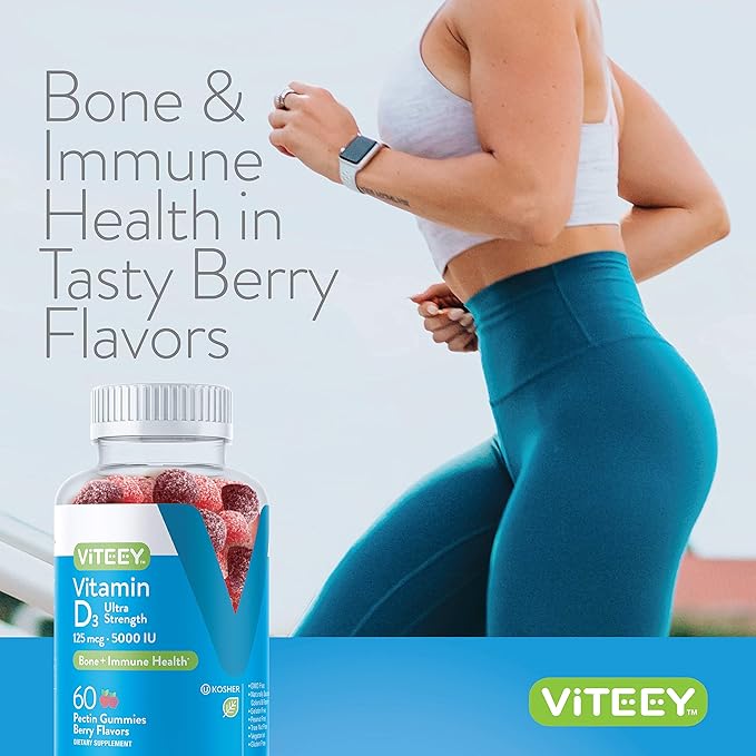 Viteey Vitamin D3 Gummies for Adults &amp Teens - 5000 IU 125mcg Ultra Strength - Joint &amp Muscle Health Immune Boost - Chewable Vitamin D Gummies - Vegetarian Gelatin Free - Tasty Berry Flav