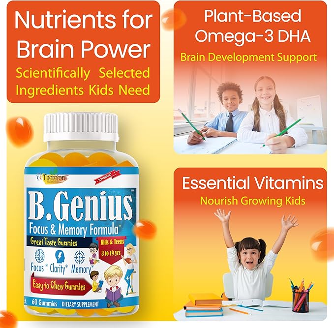 B.Genius Focus Gummies for Kids &amp Teens – Kids Focus and Attention Supplements – Memory &amp Concentration –Plant-Based Focus Supplement for Clarity Learning &amp Cognitive Health-60ct