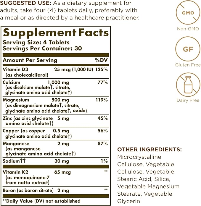Solgar Advanced Calcium Complex - 120 Tablets Pack of 2 - with Zinc Boron Vitamins D3 &amp K2 - Non-GMO Gluten Free Dairy Free - 60 Total Servings
