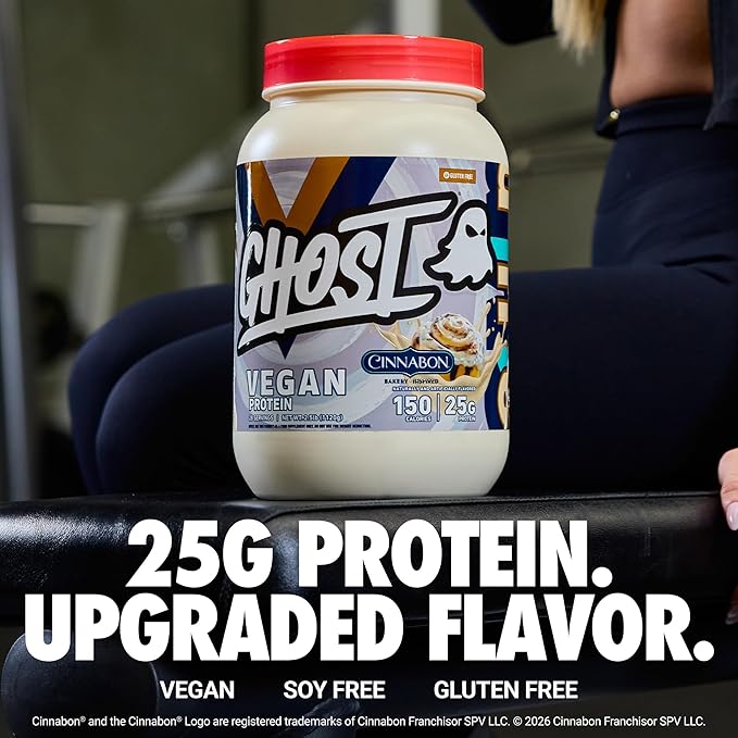 GHOST Vegan V2 Protein Powder Cinnabon - 2LB Tub 25G of Protein - Plant-Based Pea &amp Organic Pumpkin Blend Protein with Fiber &amp Iron ­- Flavored Post Workout Shakes - Soy &amp Gluten Free