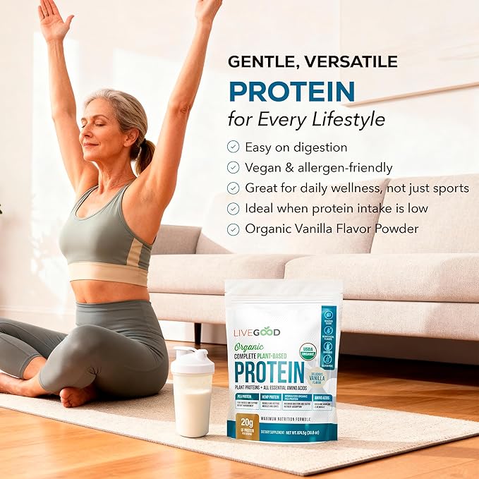 LIVEGOOD Complete Plant Based Protein Powder with Organic Pea Protein and Essential Amino Acids for Muscle Support Recovery Energy and Daily Nutrition Vanilla Protein Supplement (30 Servings)