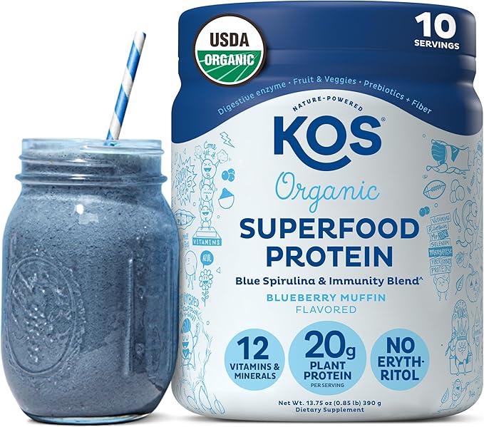 KOS Plant Based Protein Powder Blueberry Muffin - Organic Pea Protein Superfood with Spirulina and Immune Support Blend. Soy Gluten Dairy Free - Vegan Meal Replacement for Women &amp Men - 10 Serv