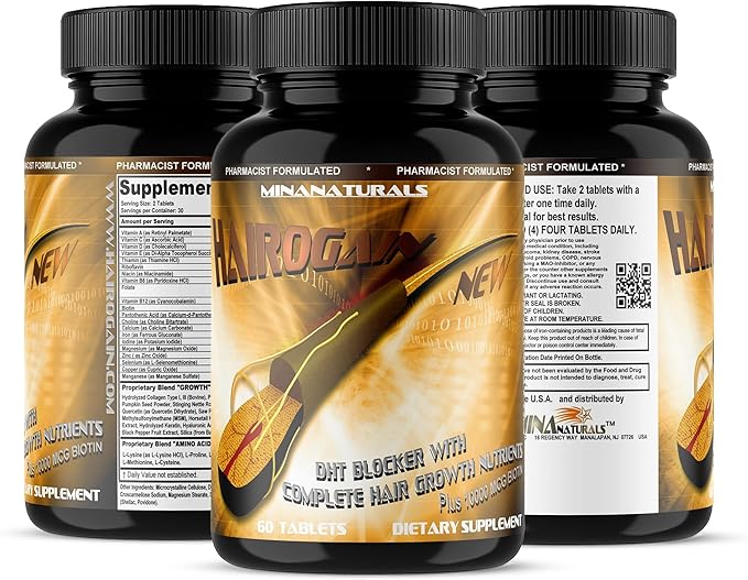HAIROGAIN DHT Blocker. Support Hair Growth. 10000 mcg Biotin Collagen &amp Hair Vitamins Added. Help Decrease Hair Loss and Baldness. 60 Tablets