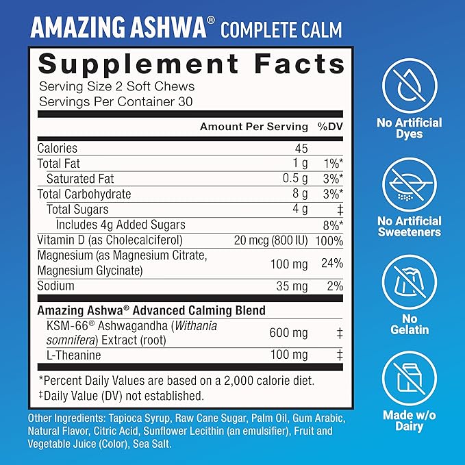 Force Factor Hair Growth Accelerator Capsules 90 Capsules + Amazing Ashwa Complete Calm Support with KSM-66 Ashwagandha Blueberry Pomegranate 60 Soft Chews