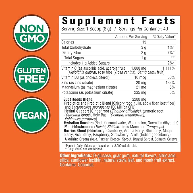 COUNTRY FARMS Immune Defense Superfoods Immune Support Supplement Vitamin C with Black Elderberry Echinacea Turmeric Supports Hydration with Probiotics and Prebiotics Berry Flavor 40 Servings