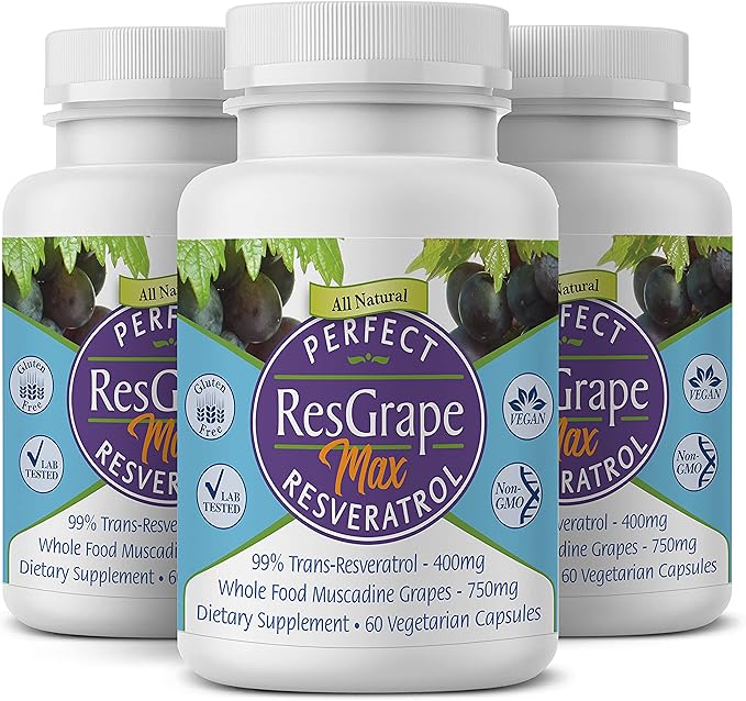 Perfect ResGrape Max 60 vegetable capsules per bottle(Pack of 3) ~ 99% Trans-Resveratrol &amp Muscadine Grape ~ Anti-Aging Supplement &amp Potent Antioxidant