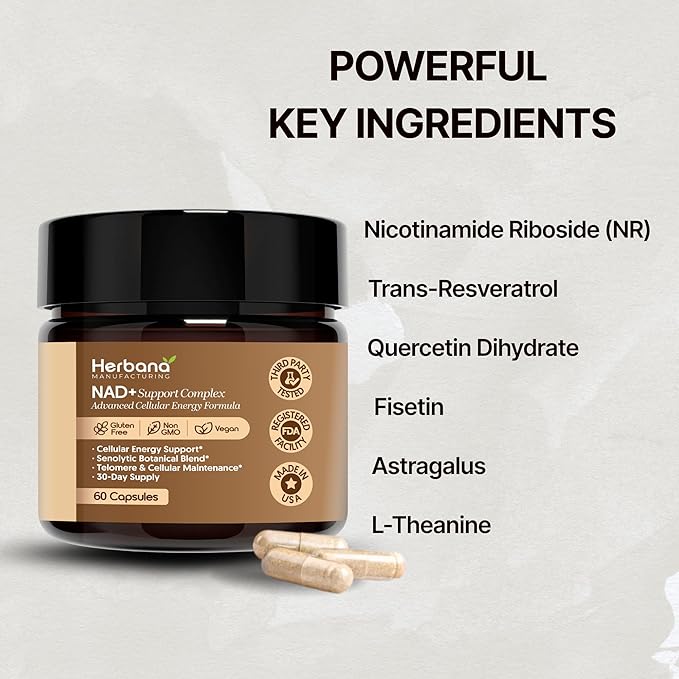 Herbana NAD+ Support Complex Advanced Cellular Energy Formula with Nicotinamide Riboside Trans-Resveratrol Quercetin 60 Capsules 30-Day Supply