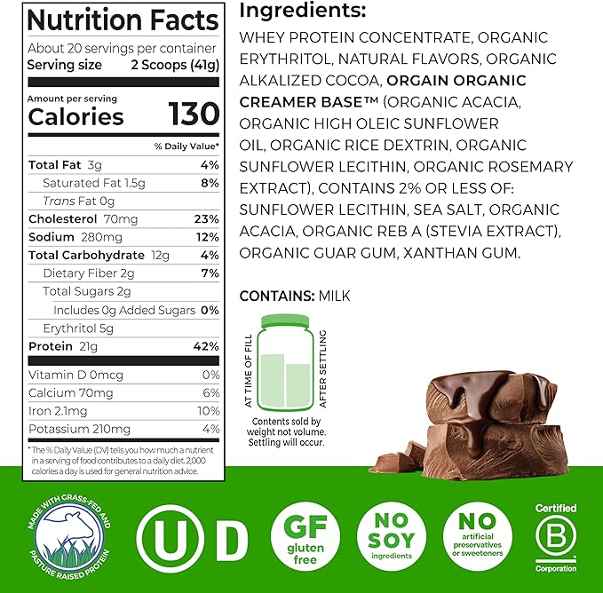 Orgain Whey Protein Powder Creamy Chocolate Fudge - 21g Grass Fed Dairy Protein 5g BCAAs 4g Prebiotic Fiber 2g Sugar No Added Hormones Gluten Free Kosher For Shakes &amp Smoothies - 1.82lb