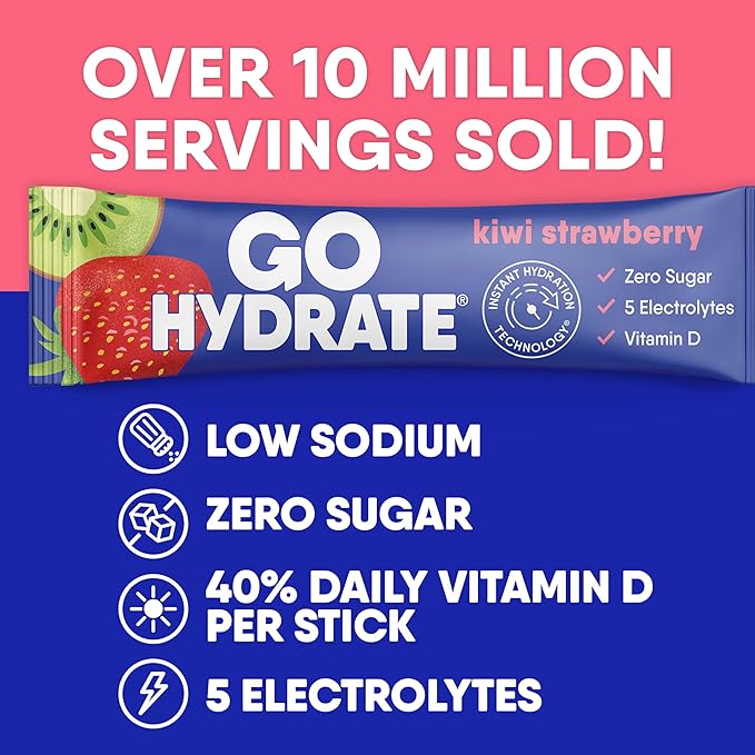GoHydrate Instant Hydration Powder Packets - Low Sodium Electrolytes Drink Mix - Natural Hydration Support Sugar Free Electrolyte Flavored Powder Drink with Vitamin D 30 Packs Kiwi Strawberry