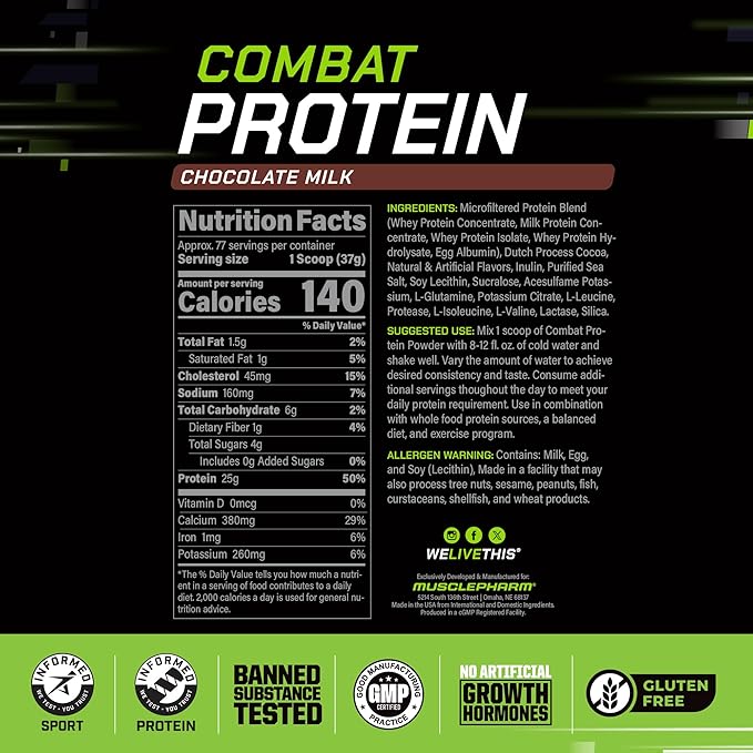 MusclePharm Combat Protein Powder Chocolate Milk Flavor Fuels Muscles for Productive Workouts 5 Protein Sources Including Whey Protein Isolate &amp Egg Albumin Gluten Free 6.2 lb 77 Servings
