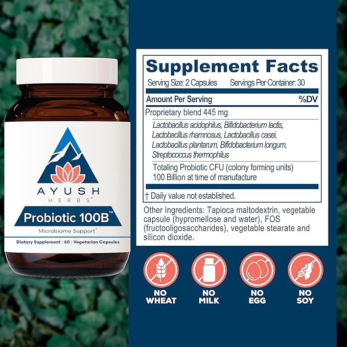 Ayush Herbs Probiotic 100B - Probiotics for Women Probiotics for Men Prebiotics and Probiotics for Digestive Health Gas Relief Gut Microbiome Balance - 60 Vegetarian Capsules (1 Count)