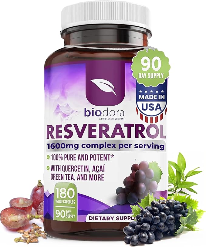 Resveratrol 1600mg - 180 Capsules | Trans-Resveratrol Antioxidant Supplement with Natural Green Tea Grape Seed Polyphenols &amp Quercetin Supports Digestive Heart Health Immune System Brain Func
