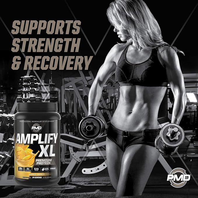 PMD Sports Amplify XL Premium Whey Protein Supplement Hydro Greens Blend - Glutamine and Whey Protein Matrix with Superfood for Muscle Strength and Recovery - Mango Mania (24 Servings)