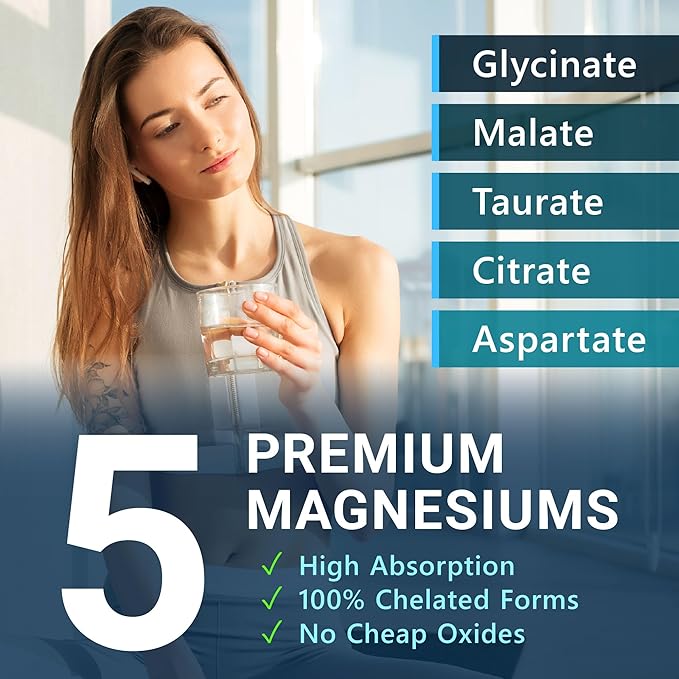 Magnesium 5 Complex - Chelated Magnesium Glycinate Malate Citrate Taurate &amp Aspartate for Nerves Muscles Bones - 1 Pack