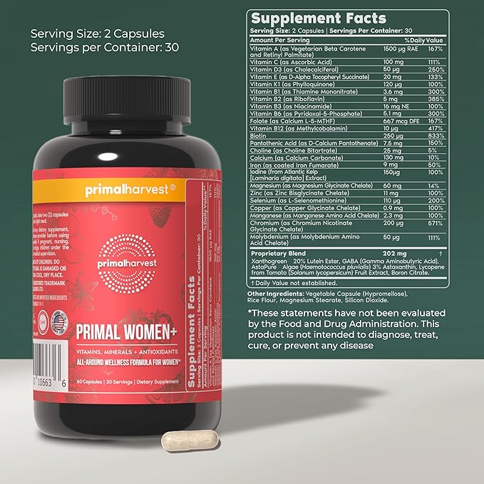 Primal Harvest Women+ Woman's Multivitamin Vitamin A Vitamin C Vitamin D and E Vitamin B12 B6 Biotin Zinc Supplements1 Pack 60 Capsules