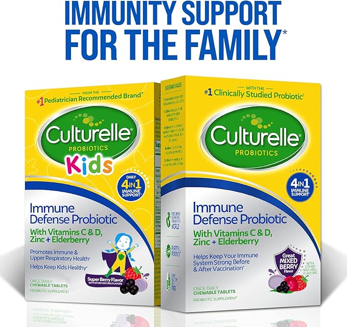 Culturelle Immune Defense Probiotic with Vitamin C Vitamin D and Zinc + Elderberry Non-GMO 4-in-1 Immune Support for Kids Ages 3+* Mixed Berry Chewables 60 Count