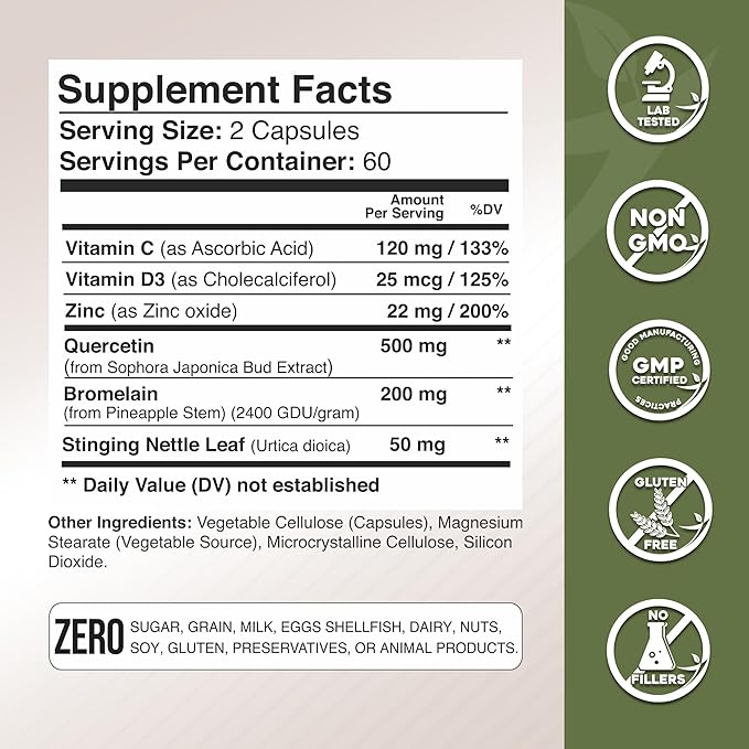 Gade Nutrition Quercetin with Vitamin C Zinc &amp Stinging Nettle - Nettle Quercetin - Quercetin 500mg - Quercetin with Bromelain - Zinc Quercetin + Vitamin D3-360 Veggie Caps - 6 Month Supply