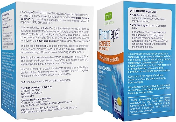 Igennus Pharmepa Complete EPA 668mg &amp DHA 334mg Omega-3 Fatty Acids 1000mg IFOS Certified rTG Form High Potency Fish Oil Plus Omega-6 &amp 9 from GLA Evening Primrose Oil Lemon Flavor 360 So
