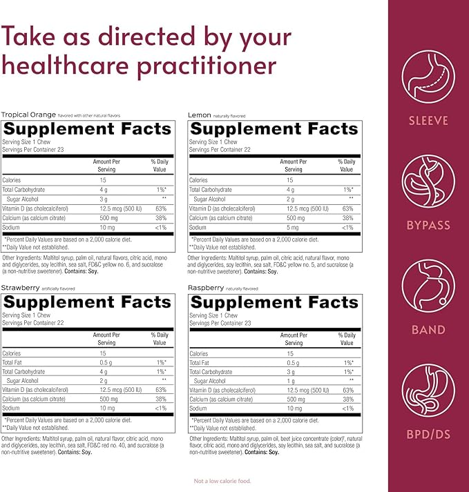 Bariatric Advantage Calcium Citrate Chewy Bites 500 mg - Highly Absorbable &amp Digestible - Vitamin D3 - Easily Chewable Calcium Supplement - Assorted Fruit - 90 Count