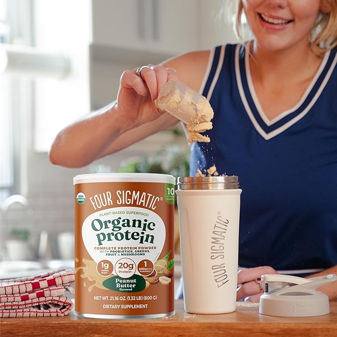 Four Sigmatic Organic Plant-Based Protein Powder | Clean Vegan Protein Elevated with Lion’s Mane Chaga Cordyceps and More for Brain Function and Immune Support | Peanut Butter 21.16 oz