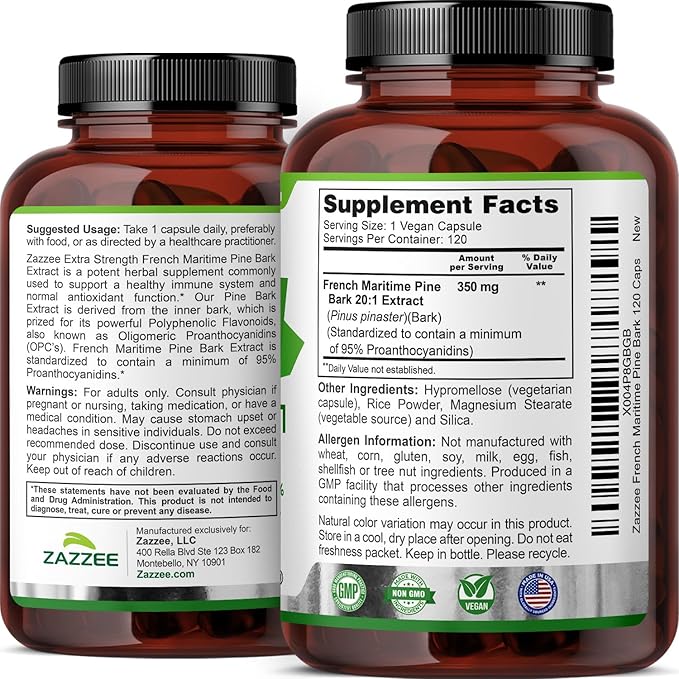 Zazzee Extra Strength French Maritime Pine Bark Extract 20:1 350 mg Per Capsule 95% Proanthocyanidins 120 Vegan Capsules 4 Month Supply Certified Kosher Antioxidant Support Non-GMO Made in USA
