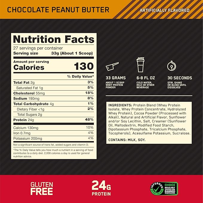 Optimum Nutrition Gold Standard 100% Whey Protein Powder Chocolate Peanut Butter 2 Pound (Packaging May Vary)