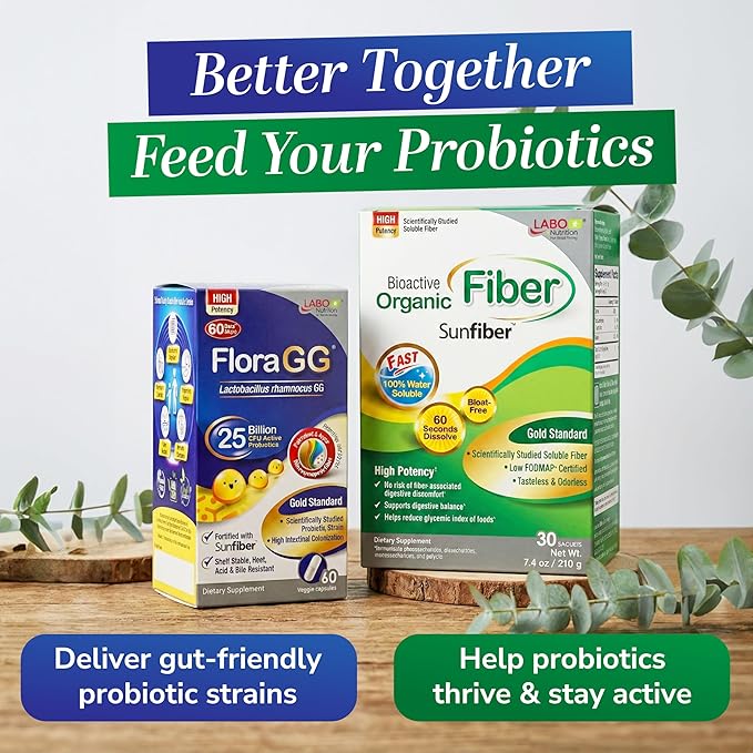 LABO Nutrition FloraGG Lactobacillus Rhamnosus LGG 25 Billion CFU Daily (LGG Probiotic with Sunfiber) 5-Layer Microencapsulated L. Rhamnosus Supplement | Digestion &amp Immune Support | 60 Capsules