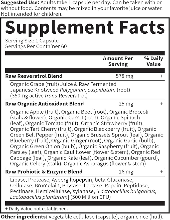 Garden of Life Heart Resveratrol Supplement - Powerful Antioxidant Support with 350mg Raw Fermented Trans-Resveratrol Plus Probiotics and Enzymes for Heart Health and Healthy Aging 60 Vegan Capsules