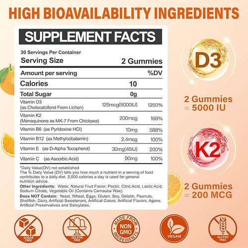 2Packs Vitamin D3 K2 Gummies for Adults Sugar-Free Vitamin D3 5000IU + K2(MK-7) 200mcg Supplement with Vitamin B Complex &amp Vitamin C E Supports Bone Muscle Teeth &amp Immune Vegan Gluten Fre