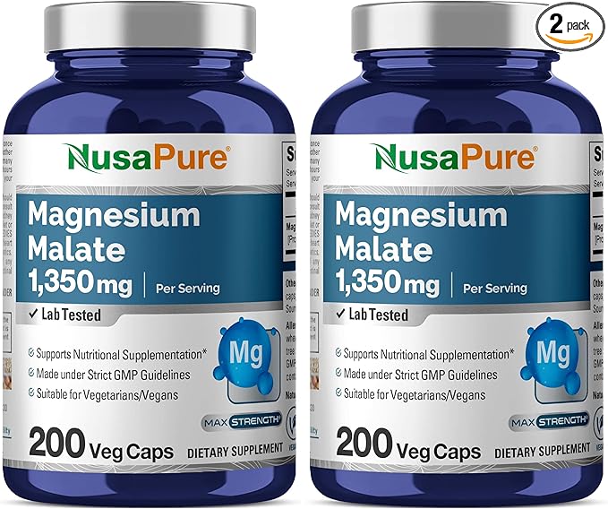 NusaPure Magnesium Malate 1350mg 200 Veggie Capsules (Vegan Non-GMO Vegan) (Pack of 2)