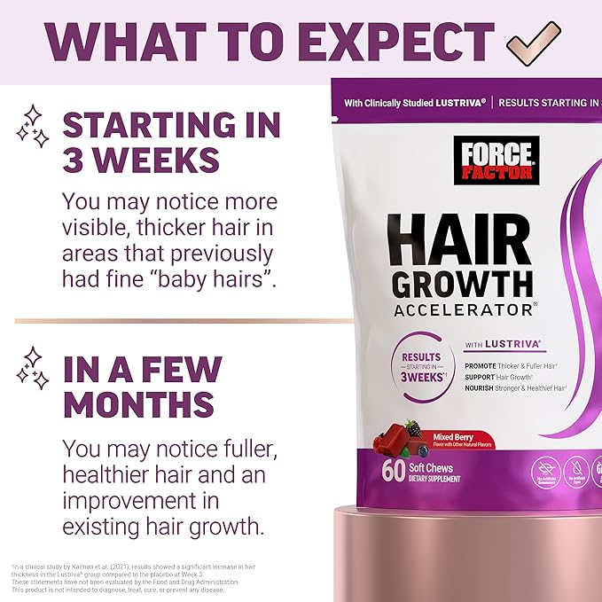FORCE FACTOR Hair Growth Accelerator Soft Chews Lustriva &amp Biotin to Promote Thicker Stronger Fuller Hair Hair Growth Vitamins for Women + Amazing Ashwa Complete Calm with KSM-66 Ashwagandha