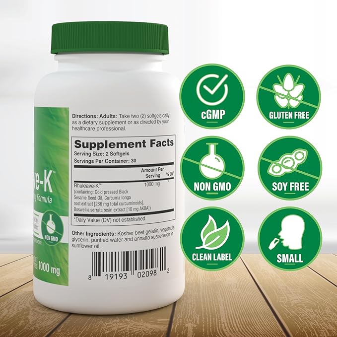Health Thru Nutrition Acute Formula | Rhuleave-K 1000mg Curcumin Boswellia and Black Sesame Seed Oil | Joint and Muscle Fast Acting | Clinically Studied | Non-GMO (Pack of 60)