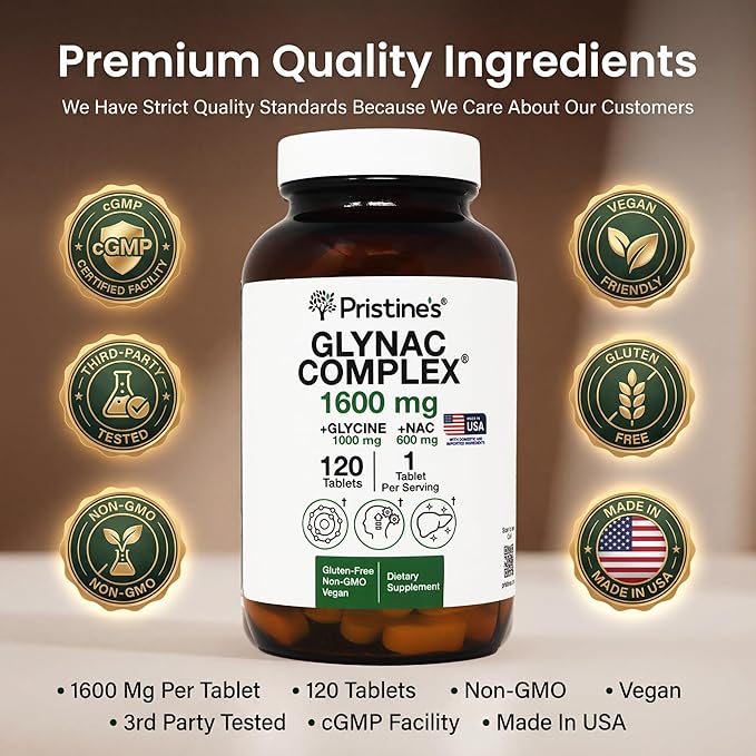 PRISTINE'S GlyNAC Complex Glutathione Production Supplement Tablets - 3rd Party Tested Anti Aging Sleep Quality &amp Cognitive Support Supplement - Glycine &amp NAC Gluten Free Non GMO USA Made