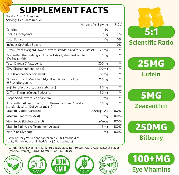 Sugar Free Lutein Gummies 25mg Lutein and Zeaxanthin Supplements for Eye Health 13-in-1 Eye Care Formula with Omega-3 Bilberry Saffron-Vision Health Eye Strain Dry Eyes Vegan Mango Flavor 120 Ct