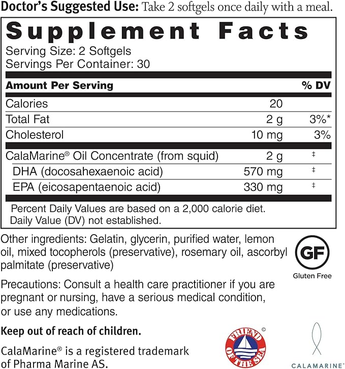 Dr. Sinatra CalaMarine Omega 3 Supplement with DHA and EPA Clinical Grade for Brain Heart and Eye Health 60 Softgels