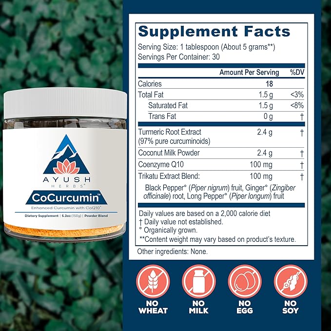 Ayush Herbs CoCurcumin - Turmeric Powder Curcumin Powder with Black Pepper CoQ10 MCT Oil for Glowing Skin Joint Muscle and Gut Health - 4.2 Oz Jar (30 Servings)