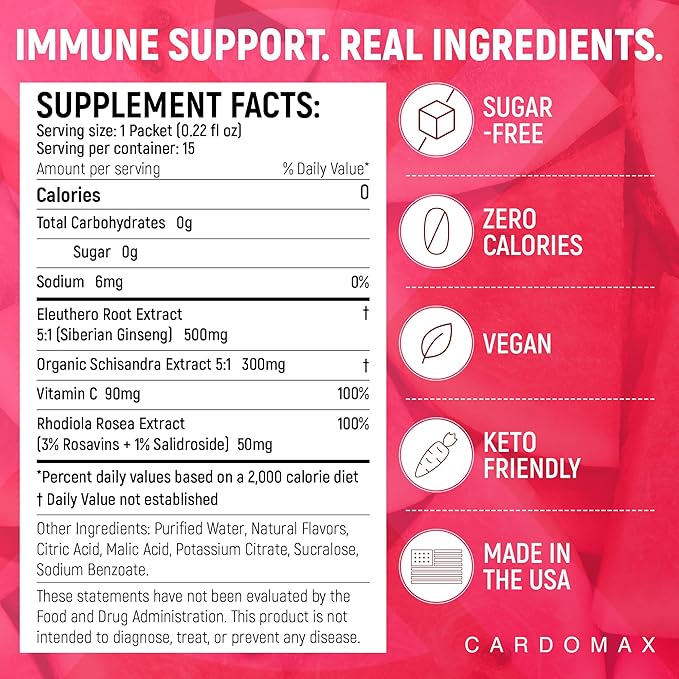 CardoMax Immunity Booster Liquid Drink Mix for Kids &amp Adults with Vitamin C Ginseng Rhodiola &amp Schisandra – Sugar-Free Immune Support Supplement Watermelon Flavor 15 Single-Serve Liquid St