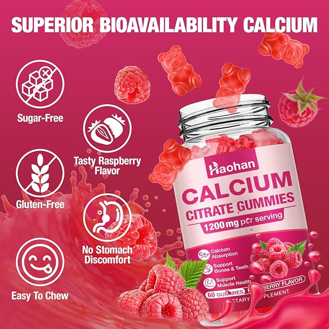 Calcium Citrate Gummies 1200mg - Sugar-Free Chewable Supplement for Women &amp Men with Bone Muscle &amp Immune Support - Raspberry Flavor 120 Count