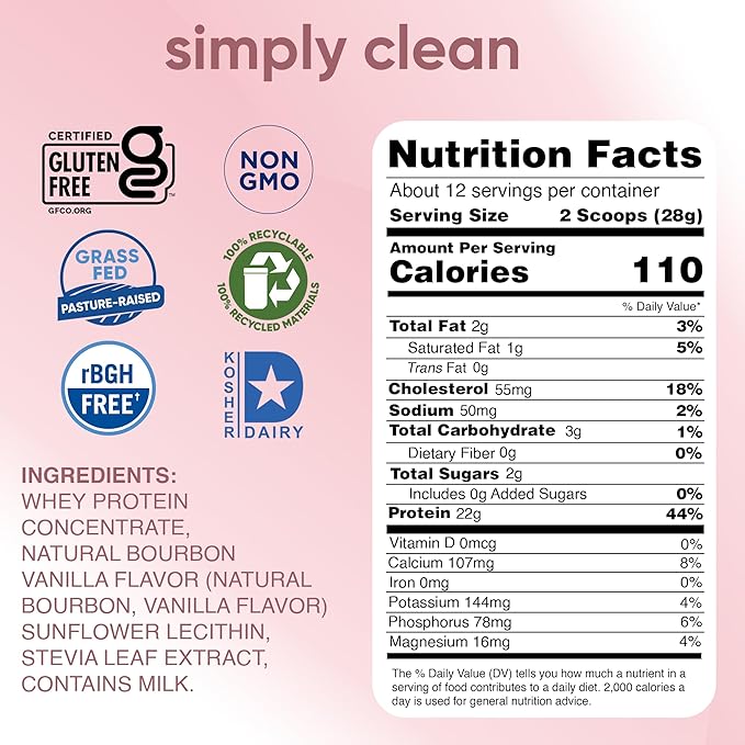simply tera's Pure Whey Protein Powder - Grass Fed Vanilla Whey Protein Powder Clean Made Without Artificial Sweeteners Non-GMO Kosher rBGH-Free Soy-Free - 12 Oz.