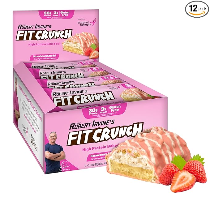 FITCRUNCH Full Size Protein Bars 6-Layer Baked Bar 3g of Sugar Gluten Free &amp Soft Cake Core (12 Bars Strawberry Strudel)