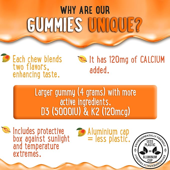 D3K2 Gummies Variety Pack – 3 Bottles (60 Each) – Strawberry Banana Apple Kiwi &amp Peach Mango