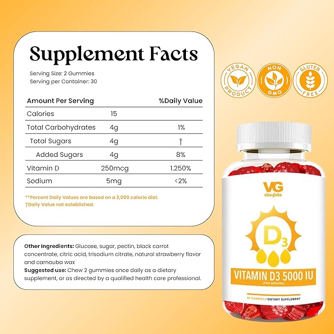 VITA GLOBE Vitamin D3 5000 IU (250 mcg) with Zinc and Echinacea Gummy Extra Strength Vitamin D Supplement for Bone and Immune Health Support 120 Count (Pack of 2)