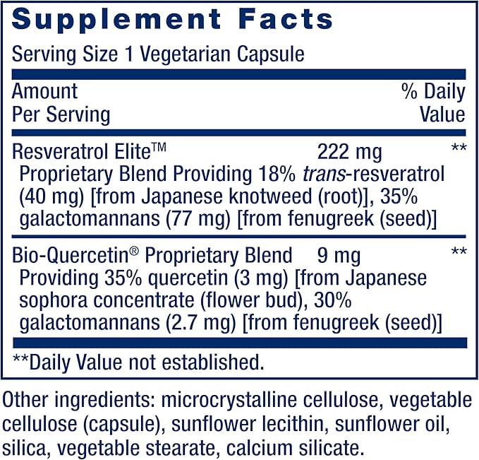 Life Extension Optimized Resveratrol Elite Trans-resveratrol quercetin Healthy Aging Heart Health Brain Health oxidative Stress Gluten-Free Non-GMO Vegetarian 60 Capsules