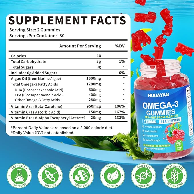 Vegan Omega-3 Gummies 1028mg Omega 3 Fish Oil Alternative for Adults w/EPA 400mg &amp DHA 600mg &amp Vitamin A C E for Brain Eye &amp Immune Health Sugar Free Raspberry Flavor 120 Count