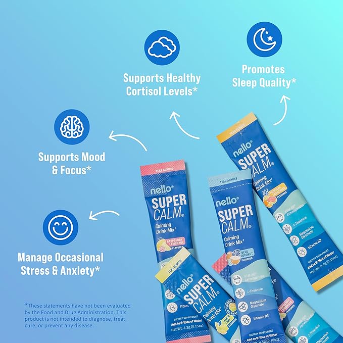 Nello Supercalm Powdered Drink Mix Cortisol Reducer* and Sleep Aid Supplement L Theanine Ksm-66 Ashwagandha Magnesium Glycinate Vitamin D 3 No Sugar Non GMO On The Go 20 Ct Variety Pack