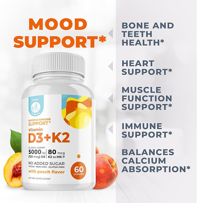 DR. MORITZ Vitamin D3 Gummies (5000 IU) with K2 - for Adults and Kids - Vitamin D3 K2 Gummies for Immune Support &amp Bone Health - Vegan Sugar Free Gluten Free (120 Count)