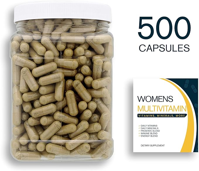 Multivitamin &amp Women's Health Blend - 500CT Tub - Providing Daily Serving of Vitamins Minerals Womens Health Antioxidants &amp Energy in a Clear Square Grip Jar