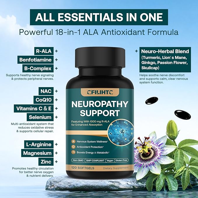 Neuropathy Support Nerve Supplement – Advanced R-Alpha Lipoic Acid Supplement with Benfotiamine NAC &amp B-Complex for Nerve Health Antioxidant &amp Cellular Energy - Vegan 120 Softgels
