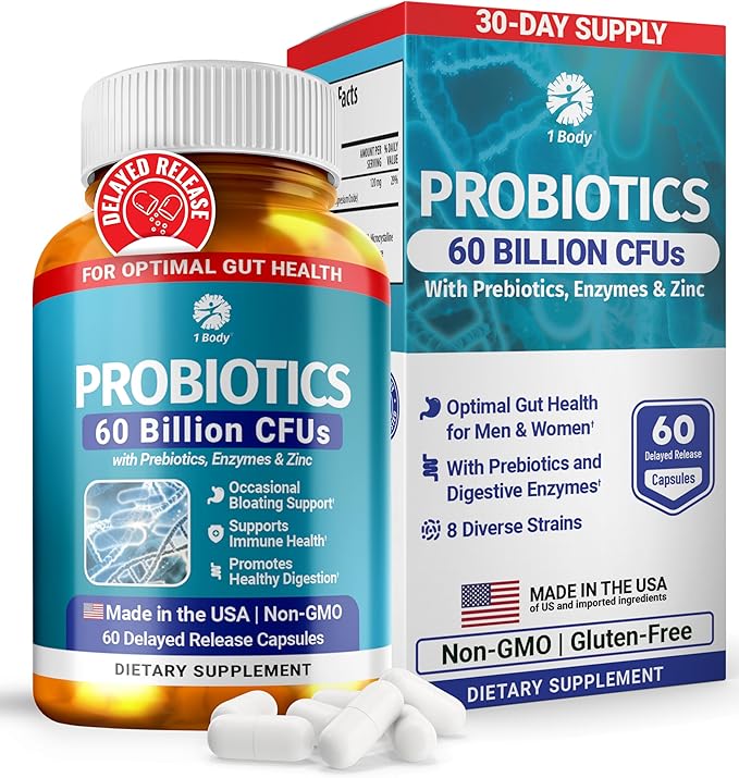 1 Body 60 Billion Probiotics for Men &amp Women Gut Health for Men &amp Women with Prebiotics Digestive Enzymes Zinc &amp L-Glutamin Non-GMO 60 Vegan Digestive Probiotic Capsules