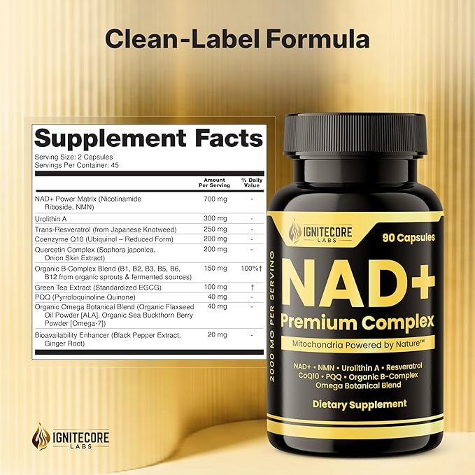 NAD+ Premium Complex 2000mg – NMN Nicotinamide Riboside Urolithin A Resveratrol CoQ10 PQQ Organic B‑Complex Omega Botanical Blend – Vegan Non‑GMO USDA Organic – 90 Capsules
